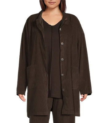 Bryn Walker Plus Size Cotton Corduroy Point Collar Long Sleeve Oversized Pocketed Button-Front Car Coat