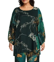 Bryn Walker Plus Size Crepe Woven Floral Crepe Woven Scoop Neck Long Sleeve Oversized Coordinating Tunic