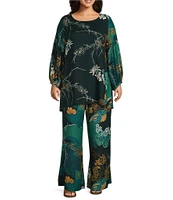 Bryn Walker Plus Size Crepe Woven Floral Crepe Woven Scoop Neck Long Sleeve Oversized Coordinating Tunic