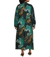 Bryn Walker Plus Size Crepe Woven Geraldine Floral Mandarin Collar Long Sleeve Button Front Shirt Dress