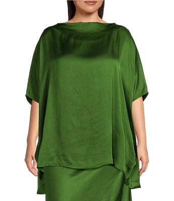 Bryn Walker Plus Size Coordinating Debo Viscose Satin Drape Boat Neck Cap Sleeve High-Low Tunic