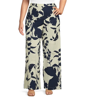 Bryn Walker Plus Size Foglie Print Flat Front Elastic Waist Wide Full Leg Coordinating Pants
