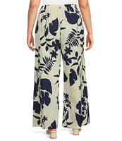 Bryn Walker Plus Size Foglie Print Flat Front Elastic Waist Wide Full Leg Coordinating Pants