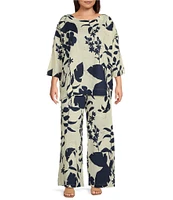 Bryn Walker Plus Size Foglie Print Flat Front Elastic Waist Wide Full Leg Coordinating Pants