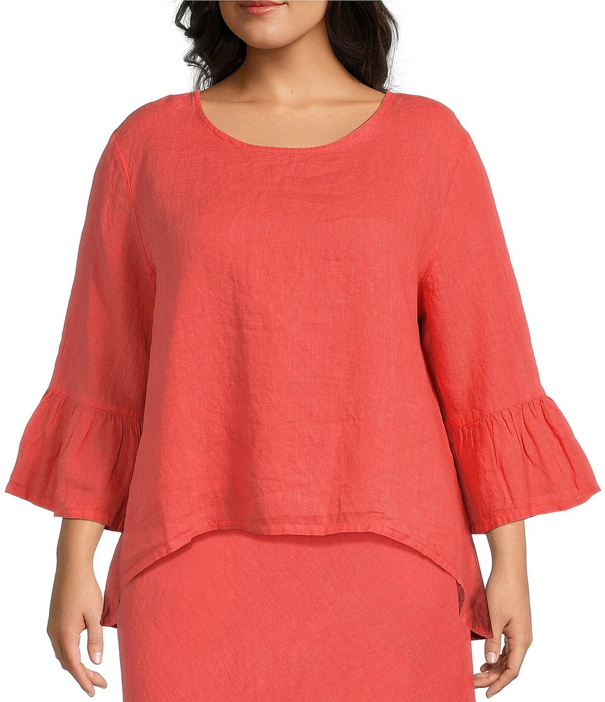 Bryn Walker Plus Size Fran Light Linen Round Neck 3/4 Ruffle Bell Sleeve High-Low Shirt