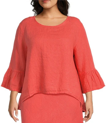 Bryn Walker Plus Size Fran Light Linen Round Neck 3/4 Ruffle Bell Sleeve High-Low Shirt