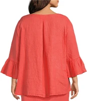 Bryn Walker Plus Size Fran Light Linen Round Neck 3/4 Ruffle Bell Sleeve High-Low Shirt