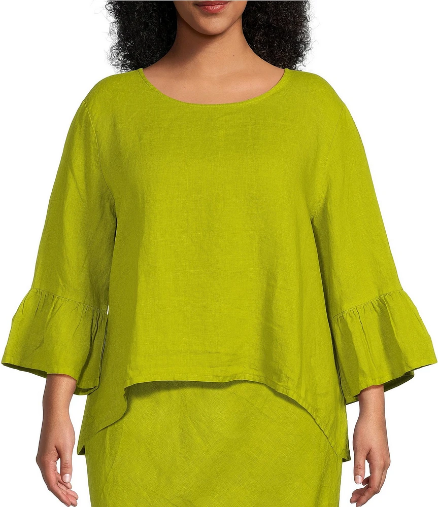 Bryn Walker Plus Size Fran Round Neck Ruffle 3/4 Bell Sleeve High-Low Linen Coordinating Shirt