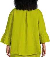 Bryn Walker Plus Size Fran Round Neck Ruffle 3/4 Bell Sleeve High-Low Linen Coordinating Shirt