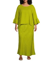 Bryn Walker Plus Size Fran Round Neck Ruffle 3/4 Bell Sleeve High-Low Linen Coordinating Shirt