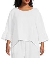 Bryn Walker Plus Size Fran Round Neck Ruffle 3/4 Bell Sleeve High-Low Linen Coordinating Shirt