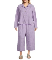 Bryn Walker Plus Size Jacquard Floral Textured Notch Collar 3/4 Sleeve Oversized Button Front Shirt