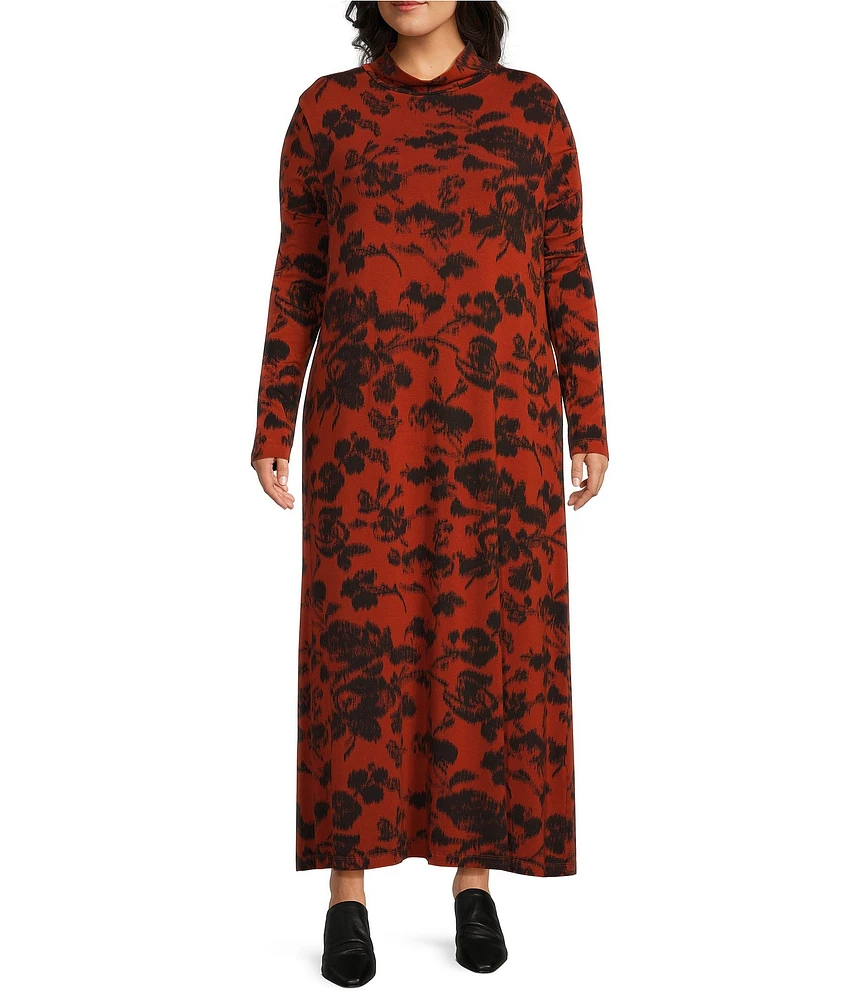 Bryn Walker Plus Size Jersey Knit Floral Mock Dress Long Sleeve Shift Dress