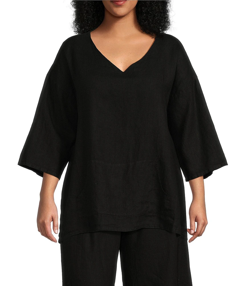Bryn Walker Plus Size Judy Light Linen V-Neck 3/4 Sleeve Oversized Tunic