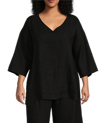Bryn Walker Plus Size Judy Light Linen V-Neck 3/4 Sleeve Oversized Tunic