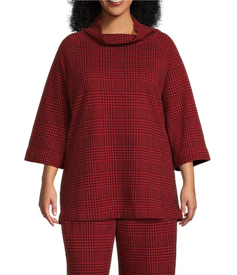 Bryn Walker Plus Size Keena Bamboo Fleece Plaid Print Funnel Neck 3/4 Sleeve Shirt