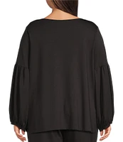 Bryn Walker Plus Size Knit Round Neck Long Sleeve Oversized Coordinating Lantern Shirt