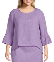 Bryn Walker Plus Size Light Linen Fran Round Neck 3/4 Ruffle Bell Sleeve Hi-Low Hem Shirt