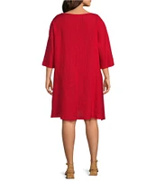 Bryn Walker Plus Size Light Linen Hopper Scoop Neck Elbow Sleeve Pocketed Shift Dress