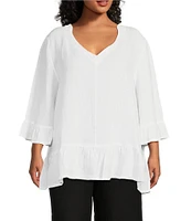 Bryn Walker Plus Size Light Linen Layla V-Neck 3/4 Ruffle Bell Sleeve Hi-Low Hem Oversized Tunic