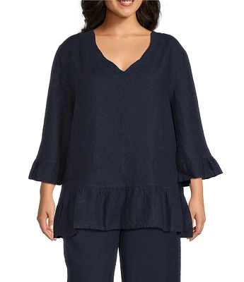 Bryn Walker Plus Size Light Linen Layla V-Neck 3/4 Ruffle Bell Sleeve Hi-Low Hem Oversized Tunic