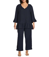 Bryn Walker Plus Size Light Linen Layla V-Neck 3/4 Ruffle Bell Sleeve Hi-Low Hem Oversized Tunic