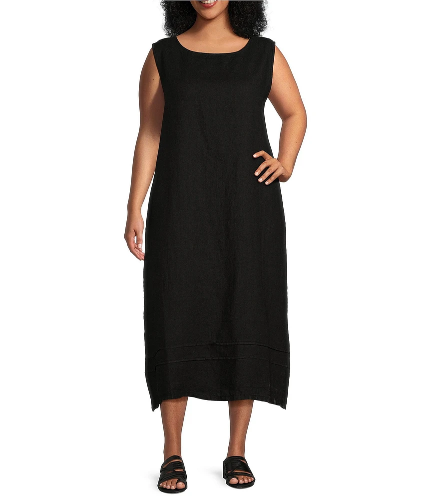 Bryn Walker Plus Size Light Linen Poppy Round Neck Sleeveless Pintuck Detail Shift Midi Dress