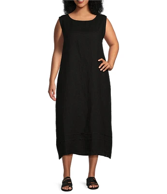 Bryn Walker Plus Size Light Linen Poppy Round Neck Sleeveless Pintuck Detail Shift Midi Dress