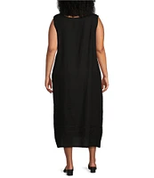 Bryn Walker Plus Size Light Linen Poppy Round Neck Sleeveless Pintuck Detail Shift Midi Dress