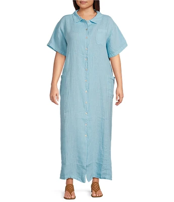 Bryn Walker Plus Size Light Linen Round Neck Short Sleeve Button Front Shirt Dress