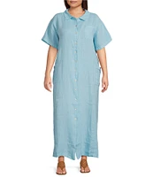 Bryn Walker Plus Size Light Linen Round Neck Short Sleeve Button Front Shirt Dress
