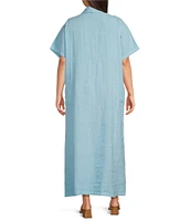 Bryn Walker Plus Size Light Linen Round Neck Short Sleeve Button Front Shirt Dress