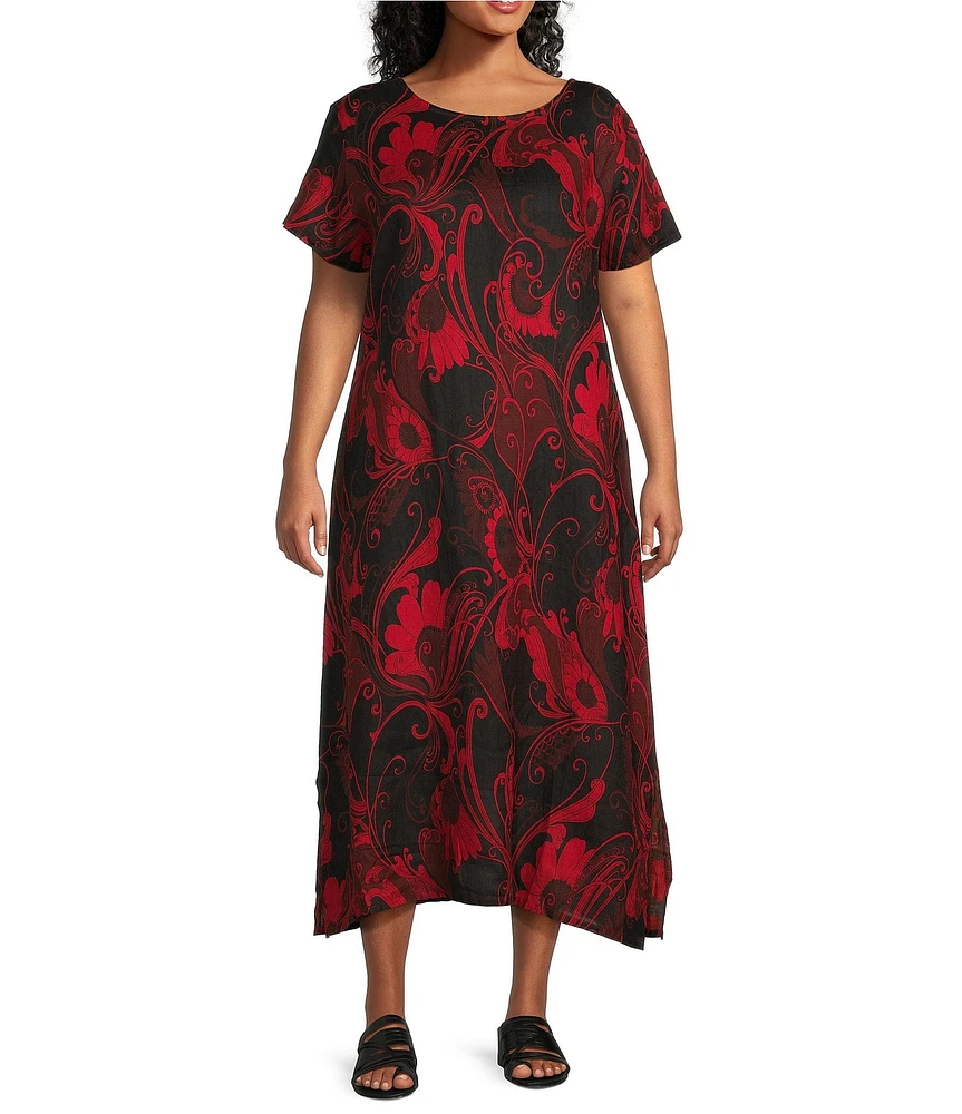 Bryn Walker Plus Size Linen Wesley Woven Garden Print Crew Neck Short Sleeve A-Line Midi Dress