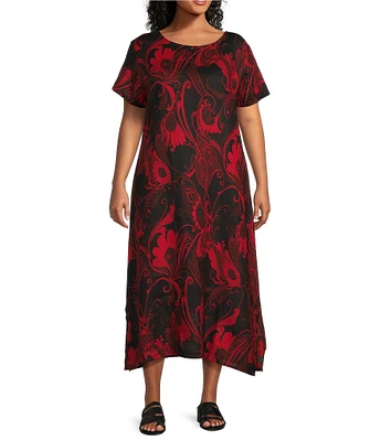 Bryn Walker Plus Size Linen Wesley Woven Garden Print Crew Neck Short Sleeve A-Line Midi Dress