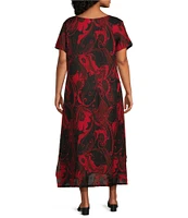 Bryn Walker Plus Size Linen Wesley Woven Garden Print Crew Neck Short Sleeve A-Line Midi Dress