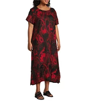 Bryn Walker Plus Size Linen Wesley Woven Garden Print Crew Neck Short Sleeve A-Line Midi Dress