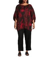 Bryn Walker Plus Size Linen Woven Garden Print Round Neck Elbow Sleeve Oversized Tunic