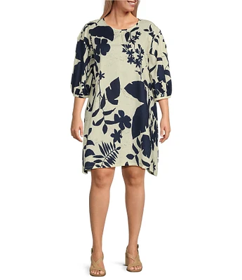 Bryn Walker Plus Size Lucien Foglie Print Linen Blend Round Neck 3/4 Sleeve Dress