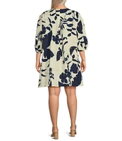 Bryn Walker Plus Size Lucien Foglie Print Linen Blend Round Neck 3/4 Sleeve Dress