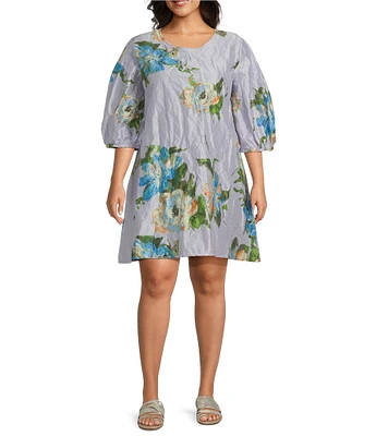 Bryn Walker Plus Size Lucien Memory Crunch Taffeta Floral Print Round Neck 3/4 Sleeve Dress