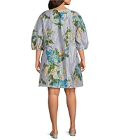 Bryn Walker Plus Size Lucien Memory Crunch Taffeta Floral Print Round Neck 3/4 Sleeve Dress