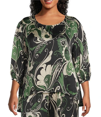 Bryn Walker Plus Size Coordinating Lucinda Giardino Viscose Satin Round Neck 3/4 Sleeve Shirt