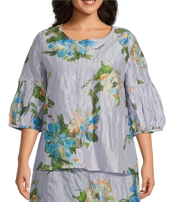 Bryn Walker Plus Size Memory Crunch Taffeta Printed Round Neck 3/4 Sleeve Lantern Shirt