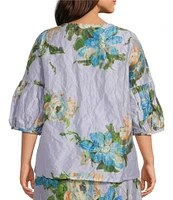 Bryn Walker Plus Size Memory Crunch Taffeta Printed Round Neck 3/4 Sleeve Lantern Shirt