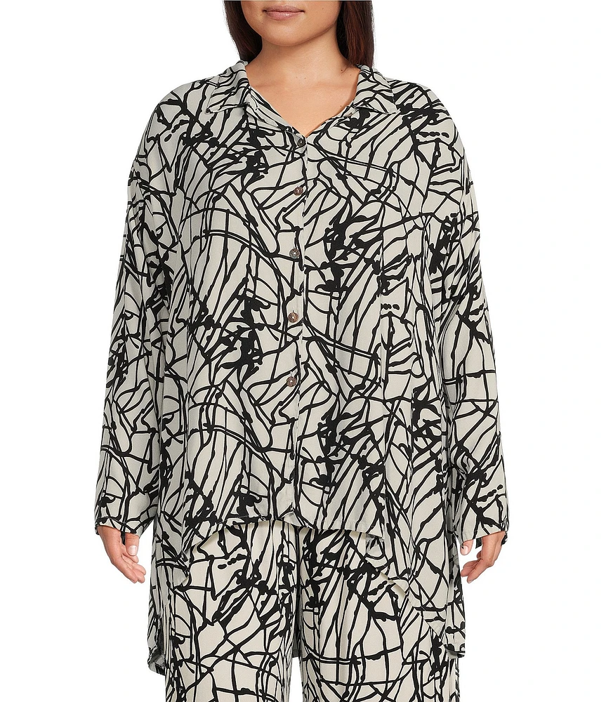 Bryn Walker Plus Size Mirren Rayon Crepe Netta Print Collar Neck Long Sleeve Button Front Top