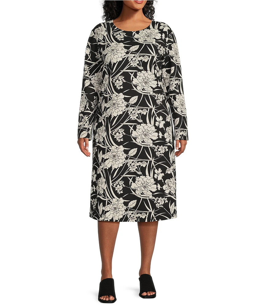 Bryn Walker Plus Size Rya Modal Ponti Floral Print Round Neck Long Sleeve Midi Dress