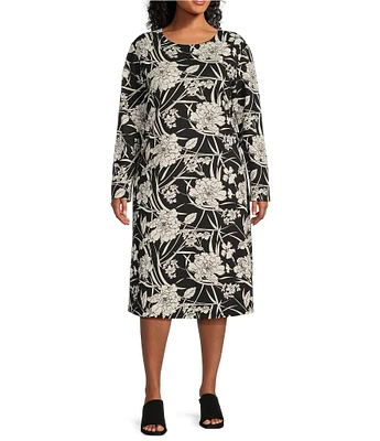 Bryn Walker Plus Size Rya Modal Ponti Floral Print Round Neck Long Sleeve Midi Dress