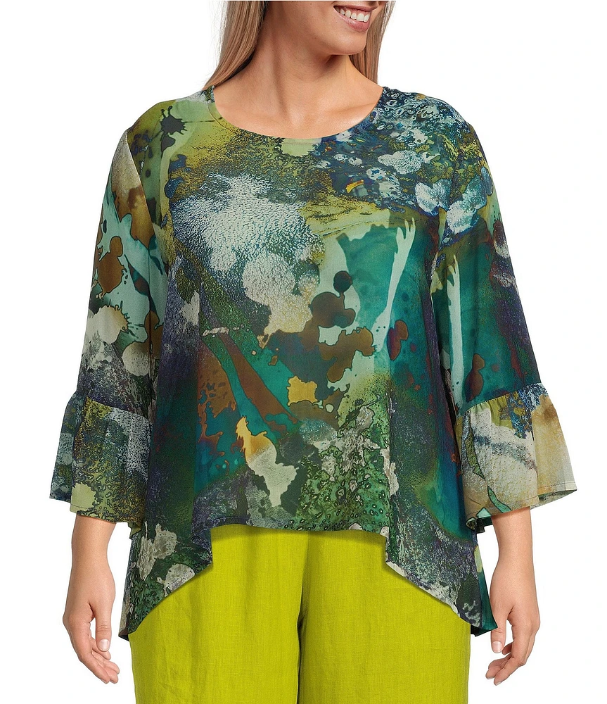 Bryn Walker Plus Size Sheer Woven Fran Canale Print Round Neck 3/4 Ruffle Bell Sleeve High-Low Hem Shirt