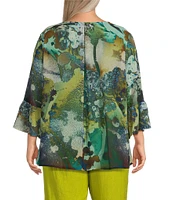 Bryn Walker Plus Size Sheer Woven Fran Canale Print Round Neck 3/4 Ruffle Bell Sleeve High-Low Hem Shirt