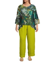 Bryn Walker Plus Size Sheer Woven Fran Canale Print Round Neck 3/4 Ruffle Bell Sleeve High-Low Hem Shirt